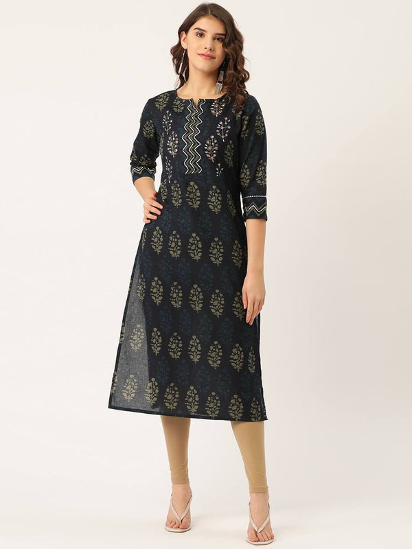 Women's Cotton Printed with Adda mirror work & Gotta detailing Kurta - Maaesa