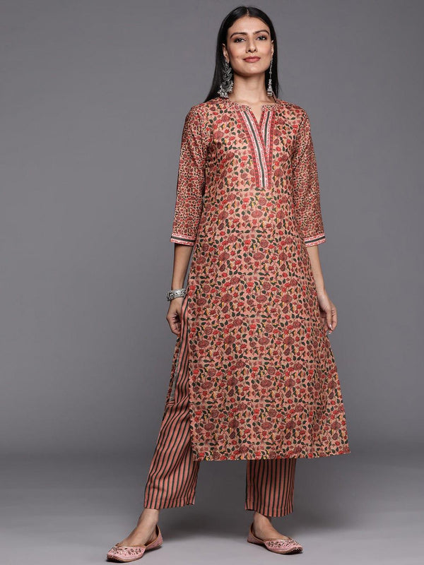 Varanga Women Peach-Coloured Floral Printed Winter Kurta with Palazzos - Indiakreations