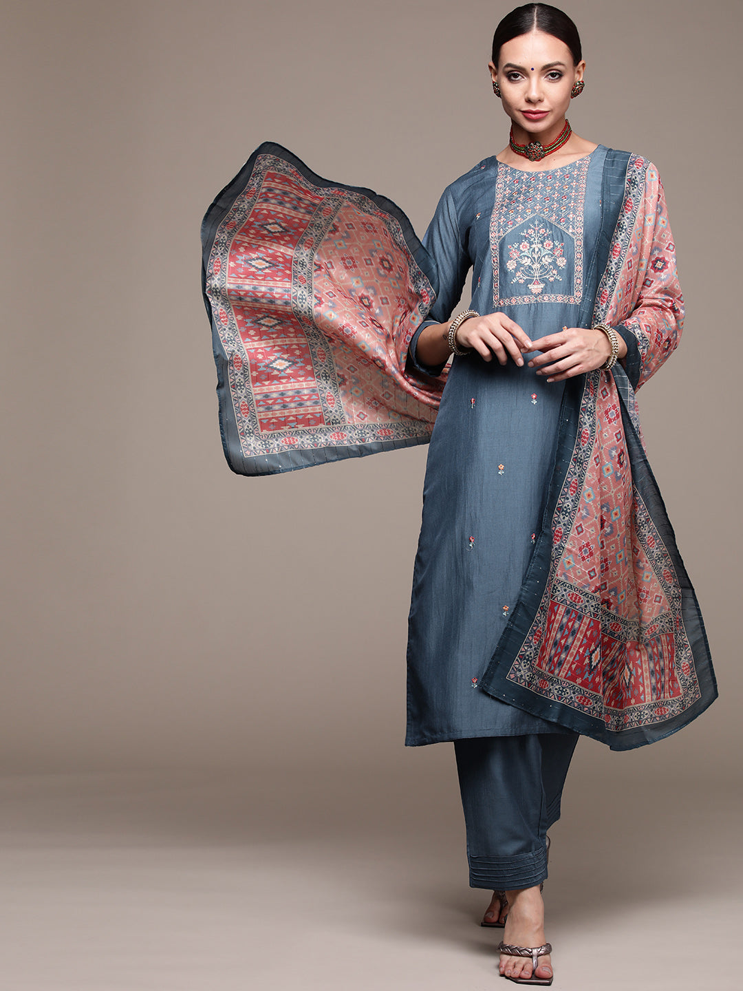 Women's Powder Blue Embroidered Kurta Set With Trousers And Dupatta - Anubhutee