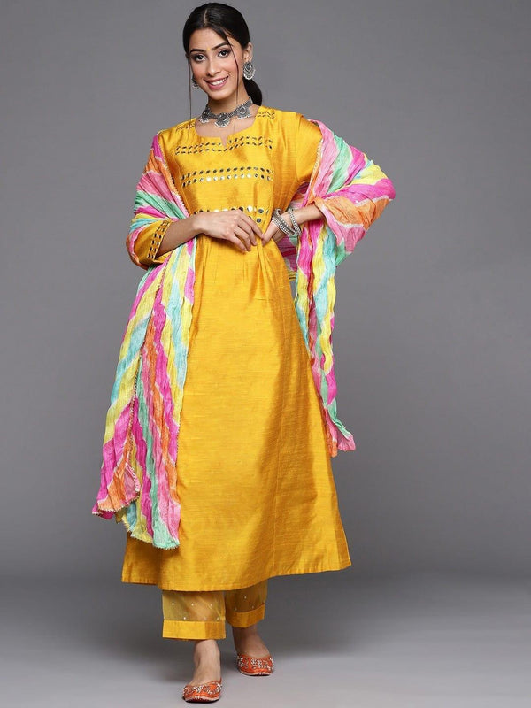 Varanga Women Mustard Yellow & Silver Mirror Yoke A-Line Kurta Trousers & Leheriya Dupatta - Indiakreations