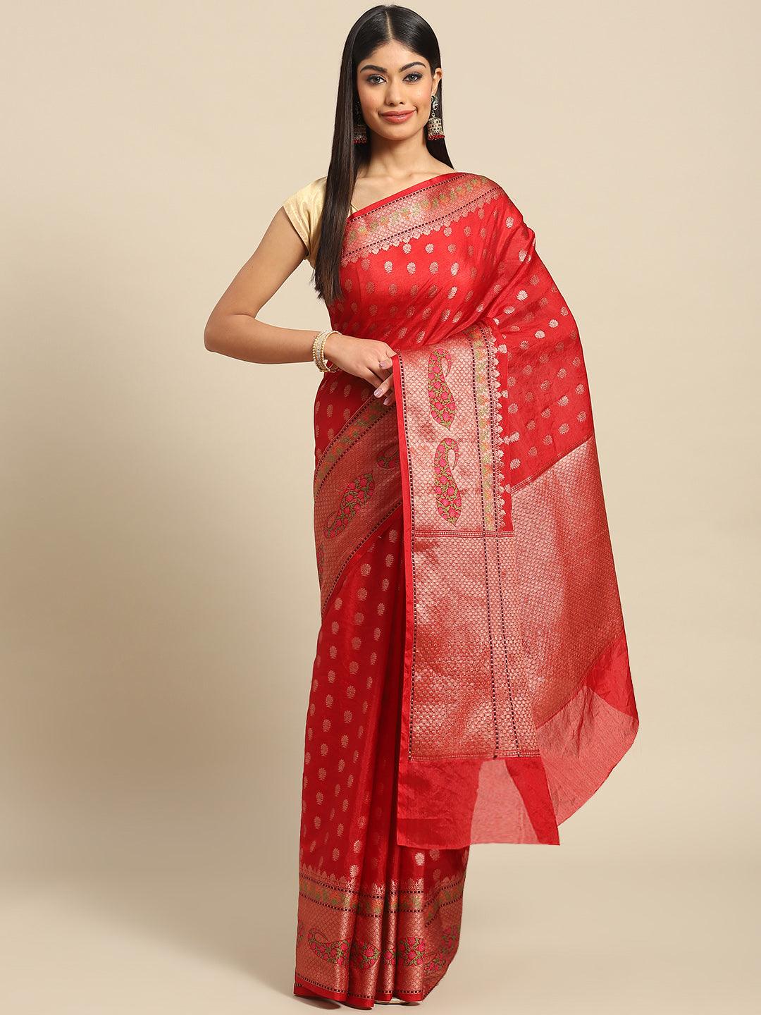 Women's Red Ethnic Motifs Zari Art Silk Banarasi Saree - Varanasi - Indiakreations