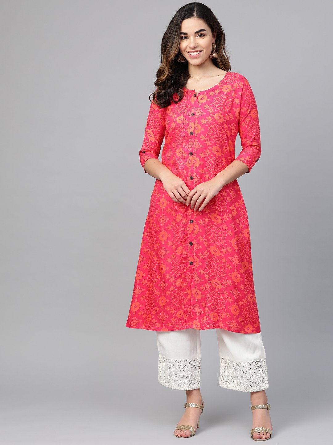 Women's Pink & Orange Screen Print A-Line Kurta - Anubhutee