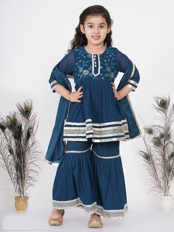 Girl's Jaipuri Lacework And Gotta Patti Work Kurta Frock With Sharara And Dupatta - Nighttime Blue - Little Bansi Girls