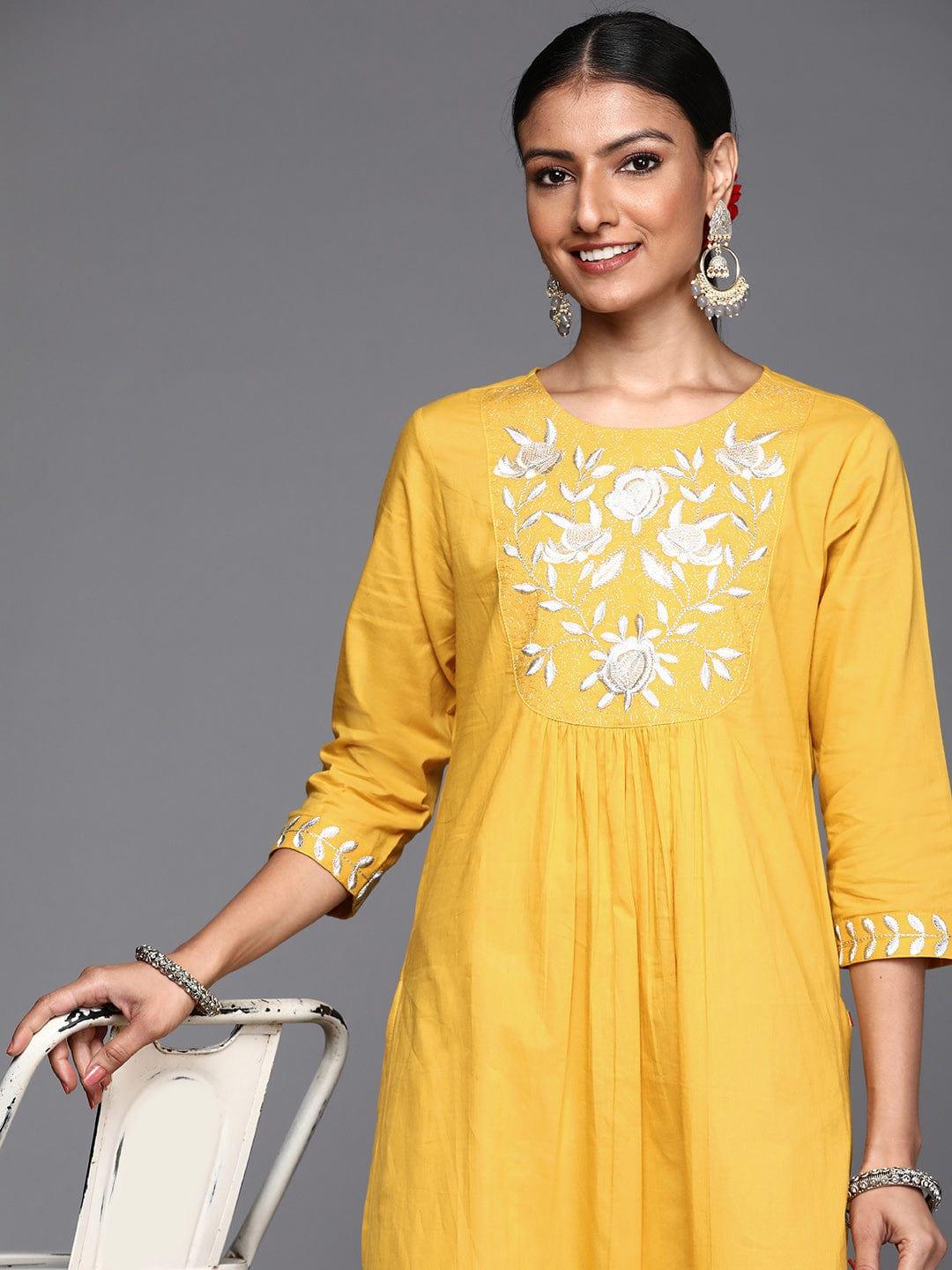 Varanga Women Mustard Yellow & White Yoke Embroidered Zari Cotton Straight Kurta - Indiakreations