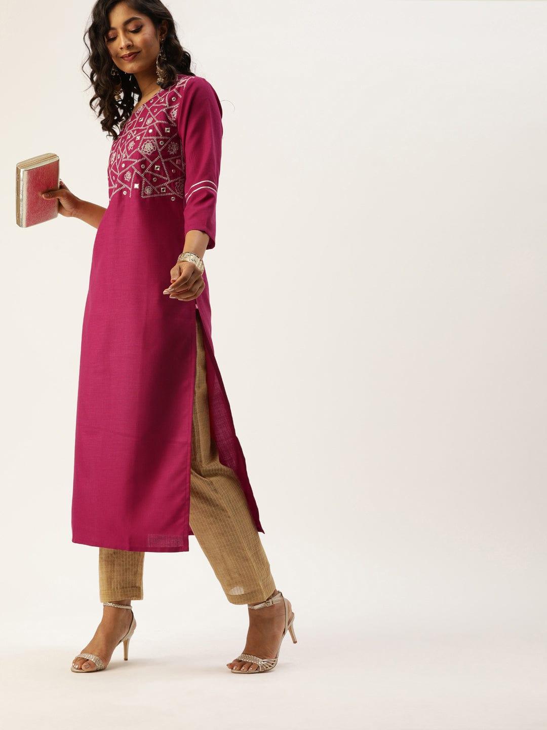 Magenta Pink Yoke Design Straight Kurta with Gotta Patti & Sequins - Indiakreations