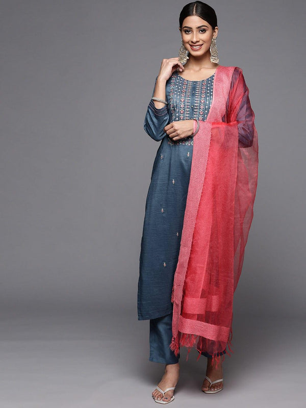 Varanga Women Blue Ethnic Motifs Embroidered Thread Work Kurta with Trousers & With Dupatta - Indiakreations