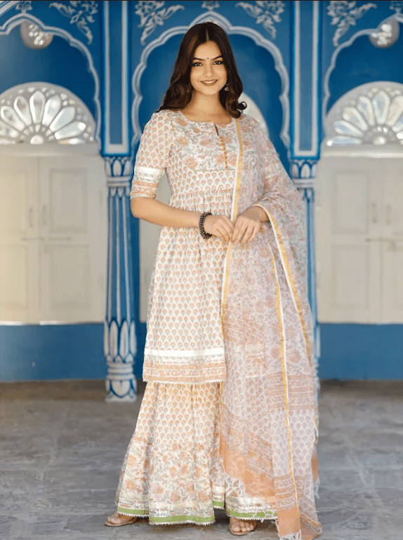 Women's Orange Motif Block Printed White Kurta Sharara Set Paired With Kota Doria Dupatta - Pheeta - Indiakreations