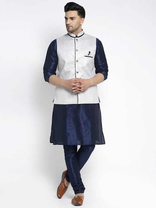 Men's Silk Blend Navy Blue Kurta With Pyjama & Grey Nehru Jacket - Benstoke - Indiakreations