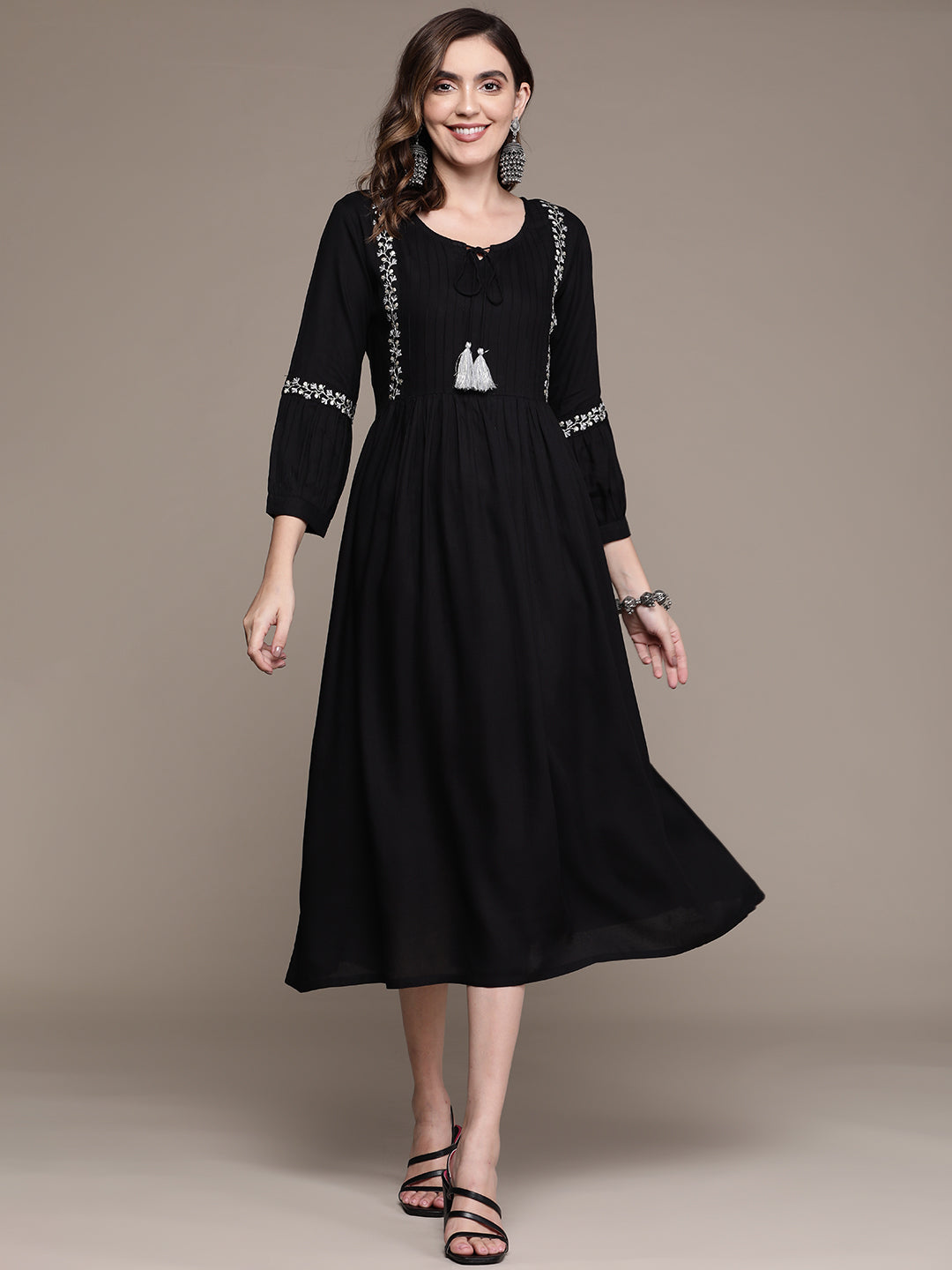 Women's Black Ethnic Motifs Embroidered Ethnic A-Line Midi Dress - Anubhutee