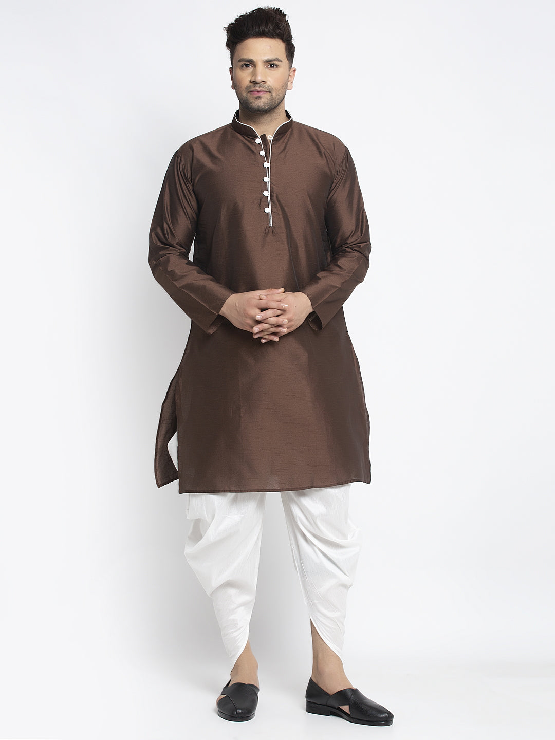 Men's Brown Solid Kurta With White Dhoti Pant - Benstoke