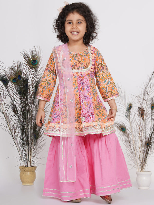 Girl's Jaipuri Floral Block Print Kali work Kurta with Pom Pom and Gunghroo work with sharara and dupatta - Orange and Pink - Little Bansi Girls