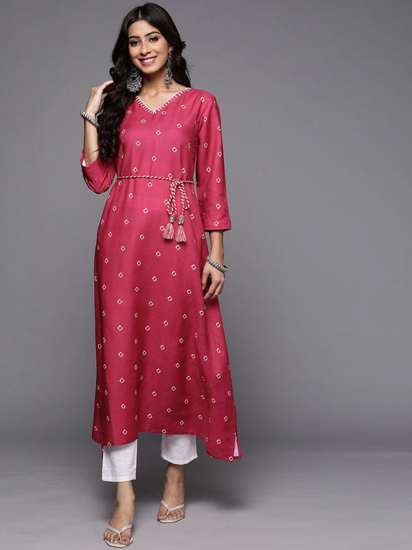 Varanga Women Pink & White Bandhani Printed Thread Work Indie Prints Kurta - Indiakreations