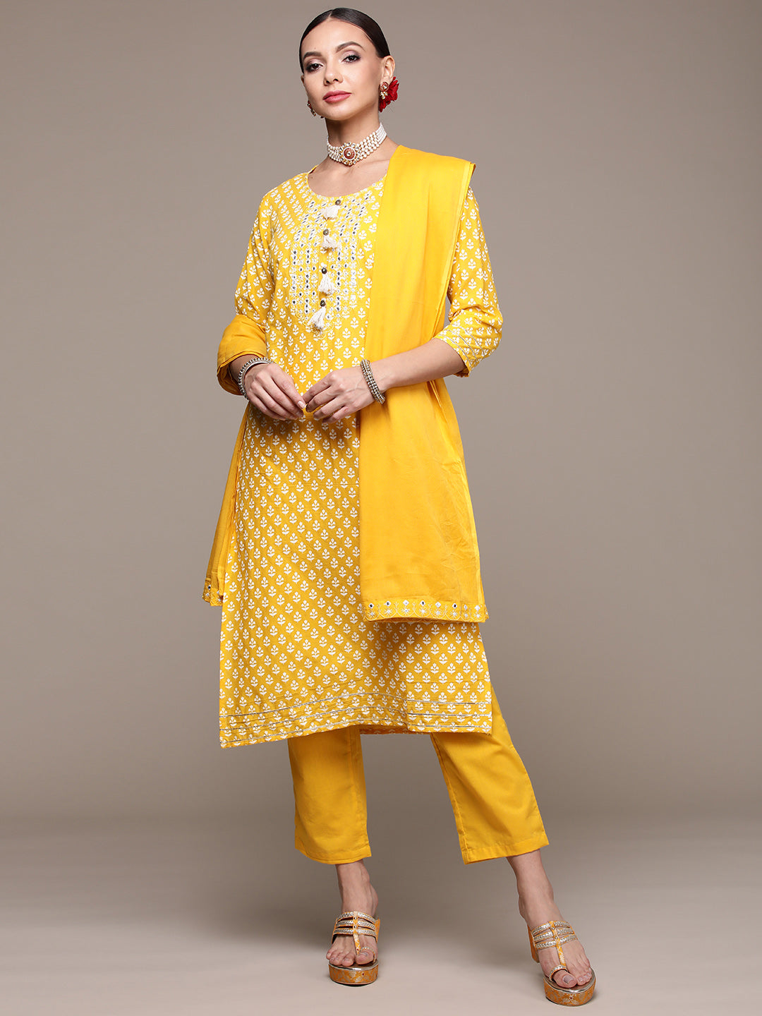 Women's Yellow Mirrorwork Printed Kurta Set With Trousers And Dupatta - Anubhutee