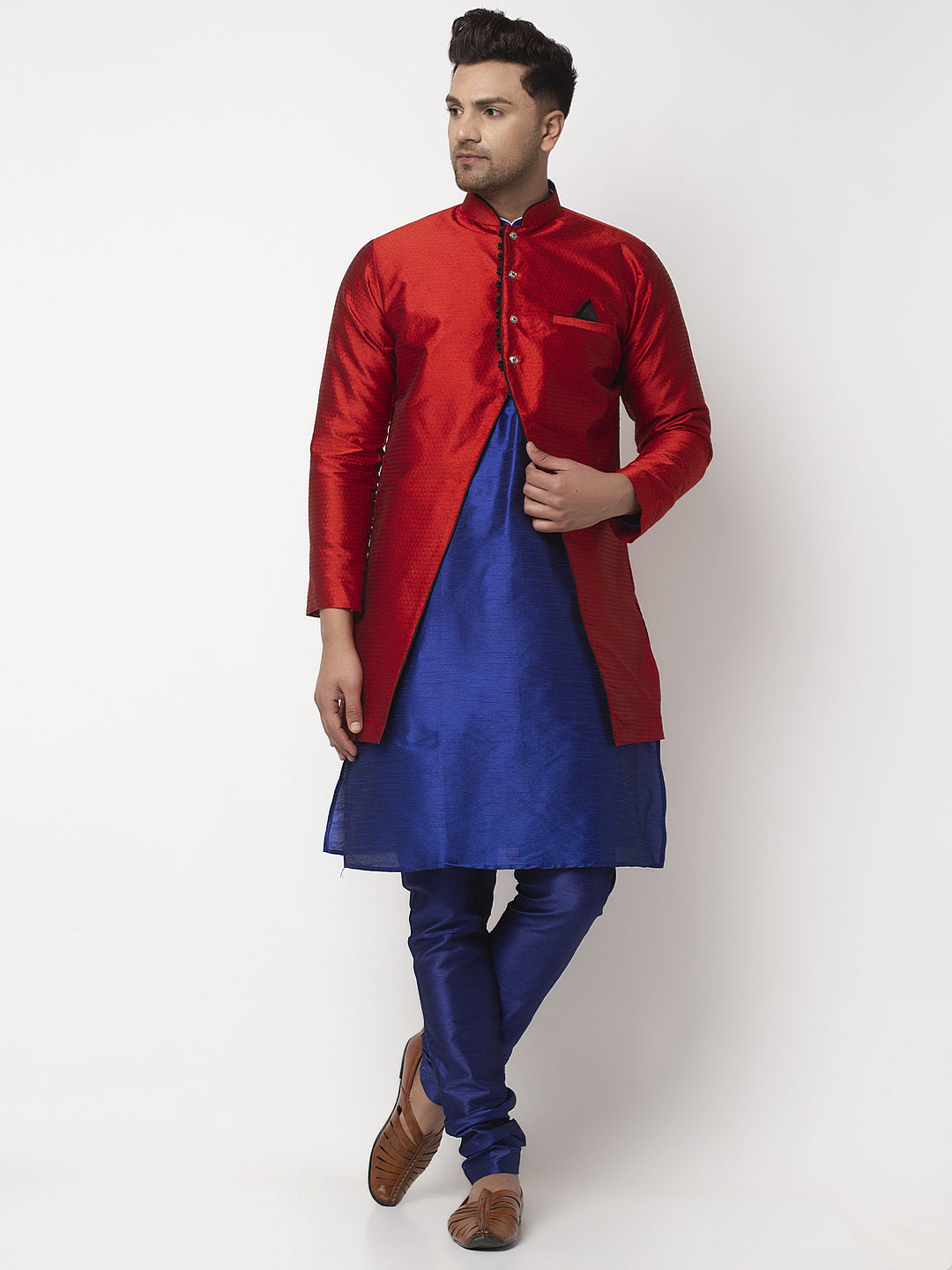 Men's Royal Blue Kurta With Pyjama & Red Self Design Jacket - Benstoke