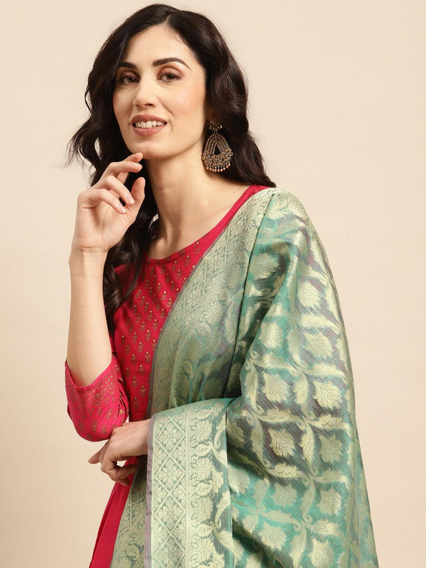 Women's Green Color Ethnic Motifs Woven Design Dupatta With Zari - Varanasi - Indiakreations