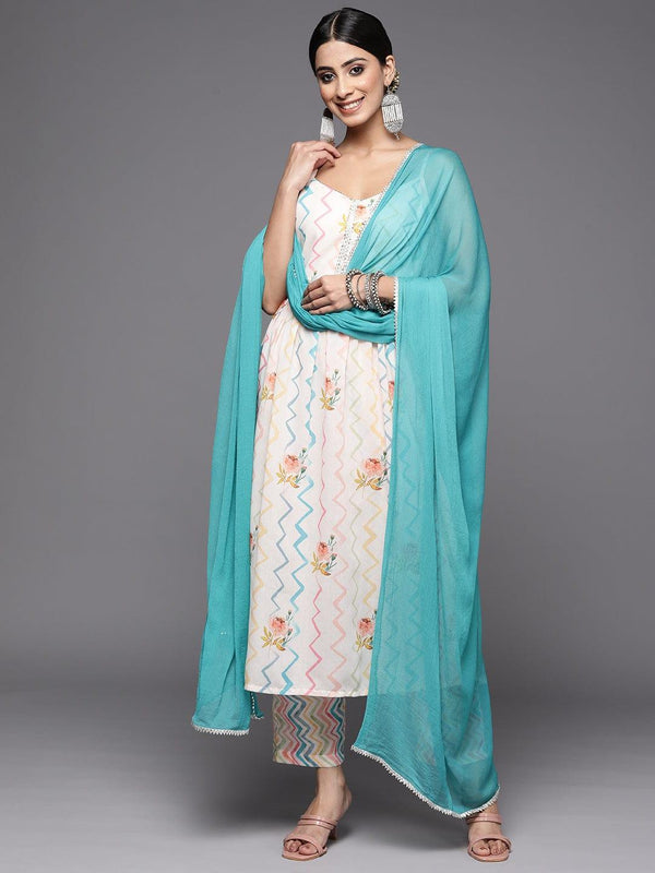 Varanga Women Off White Floral Printed Pleated Gotta Patti Kurta with Trousers & With Dupatta - Indiakreations