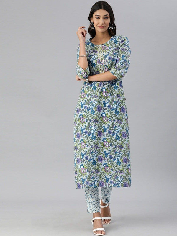 KSUT Women Blue Pink Floral Print Pure Cotton Kurta with Trousers - Indiakreations