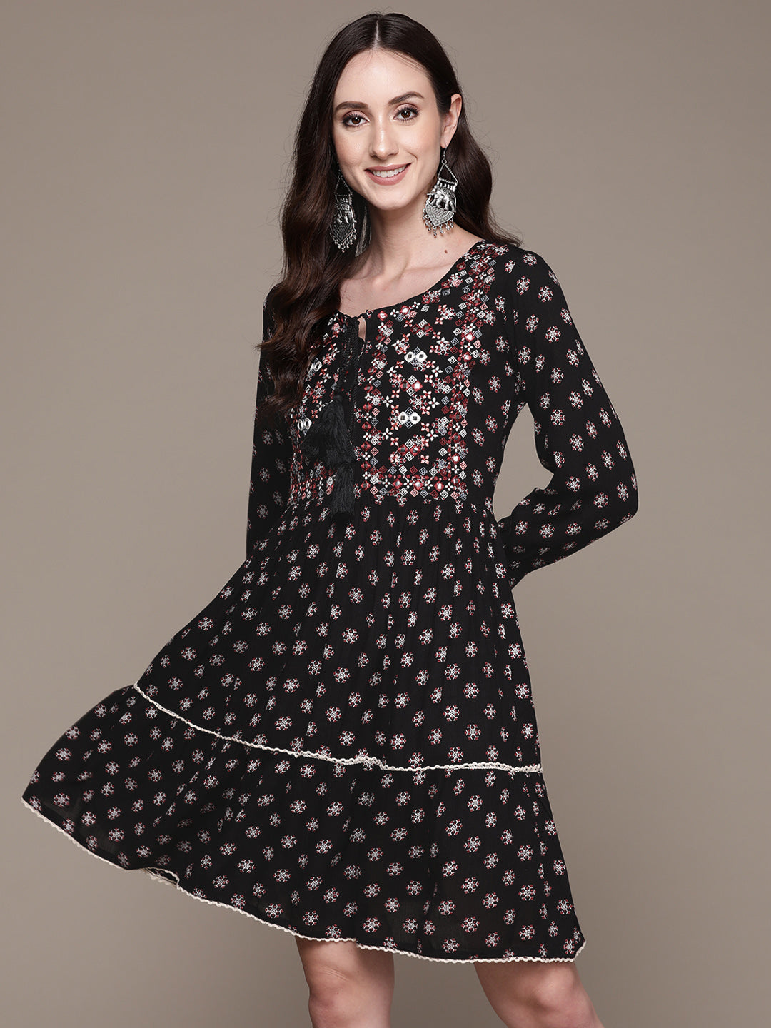 Women's Black Floral Embroidered Flared Dress - Anubhutee