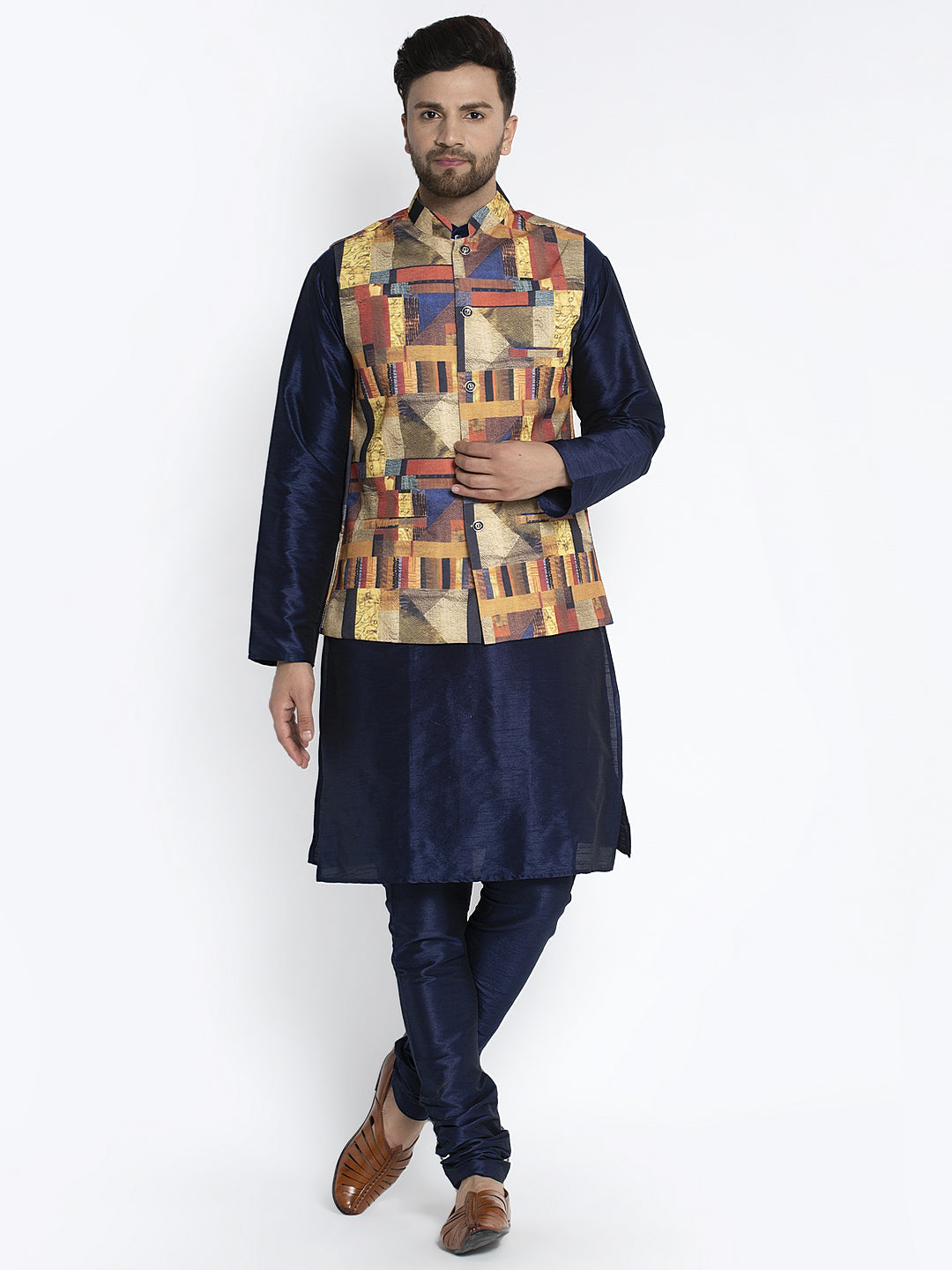 Men's Silk Blend Navy Blue Kurta With Pyjama & Multi Printed Nehru Jacket - Benstoke