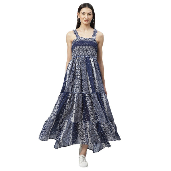 Women's Blue Georgette Polyester Printed Sleeveless Srep Neck Casual Dress - Myshka - Indiakreations