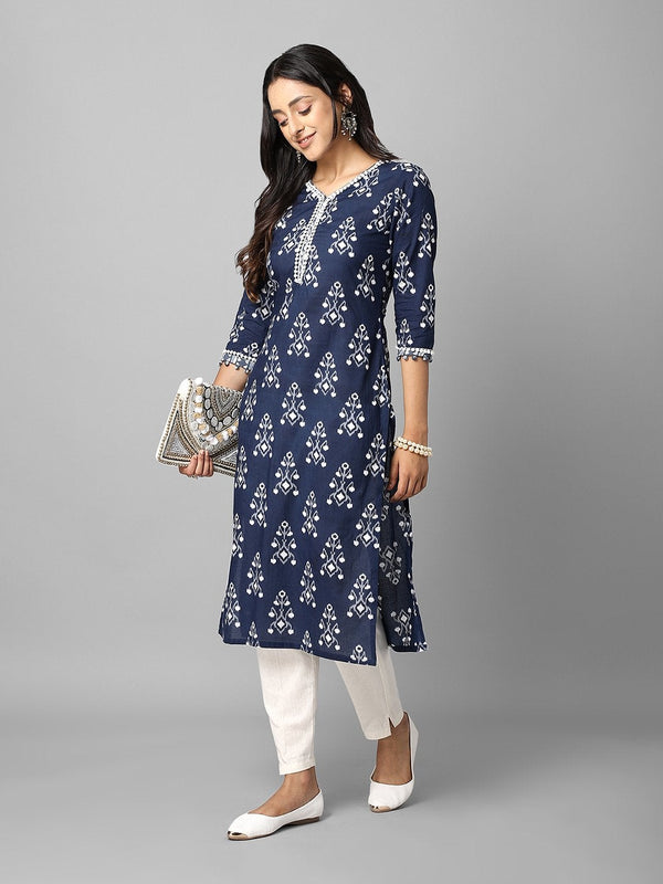 Women's Navy Blue Ethnic Printed Side Slit Straight Kurta - Azira