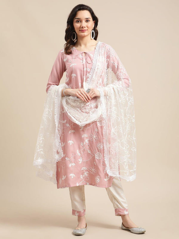 Pastel Pink Aari Embroidery Kurta Trouser Set With White All Over Embroidery Dupatta - Indiakreations