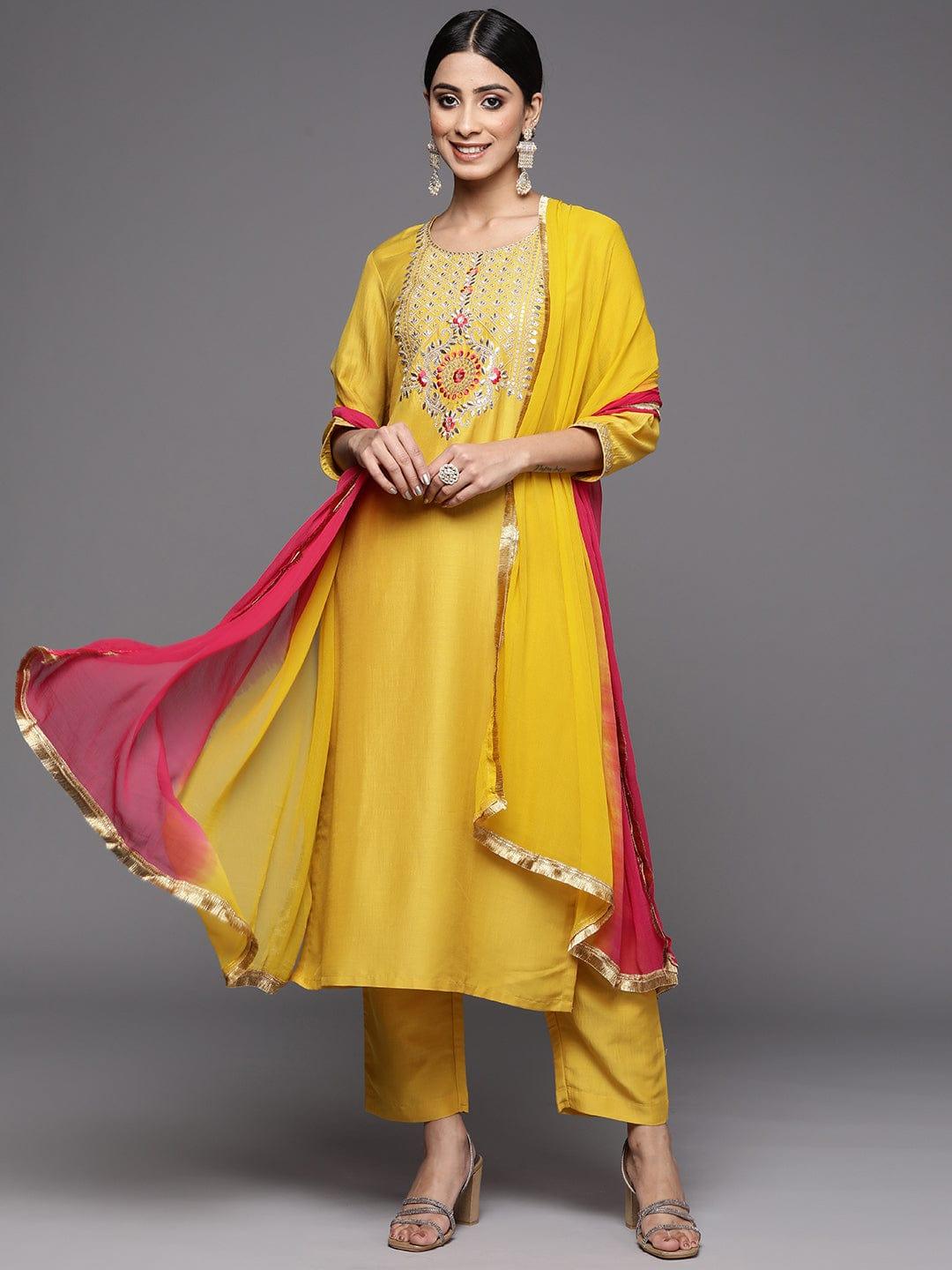 Varanga Women Yellow Ethnic Motifs Yoke Design Mirror Work Kurta with Trousers & With Dupatta - Indiakreations