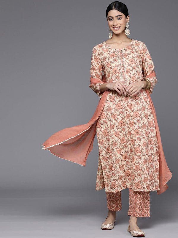 Varanga Floral Printed Gotta Patti Pure Cotton Kurta With Trousers & Dupatta - Indiakreations