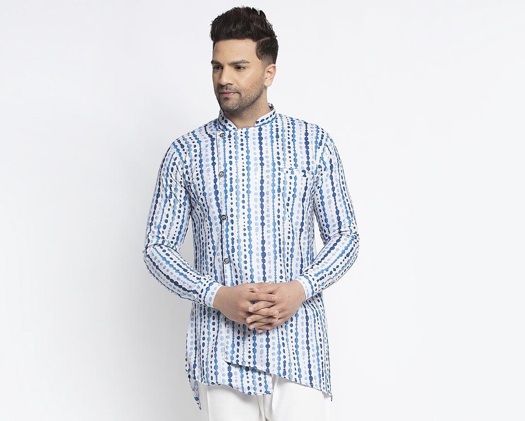 Men's Blue & White Asymmetric Printed Short Kurta - Benstoke - Indiakreations