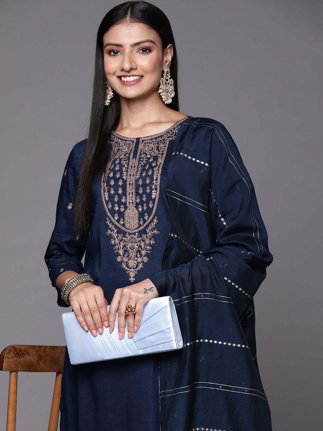 Varanga Women Navy Blue & Golden Ethnic Motifs Embroidered Kurta with Trousers & Dupatta - Indiakreations