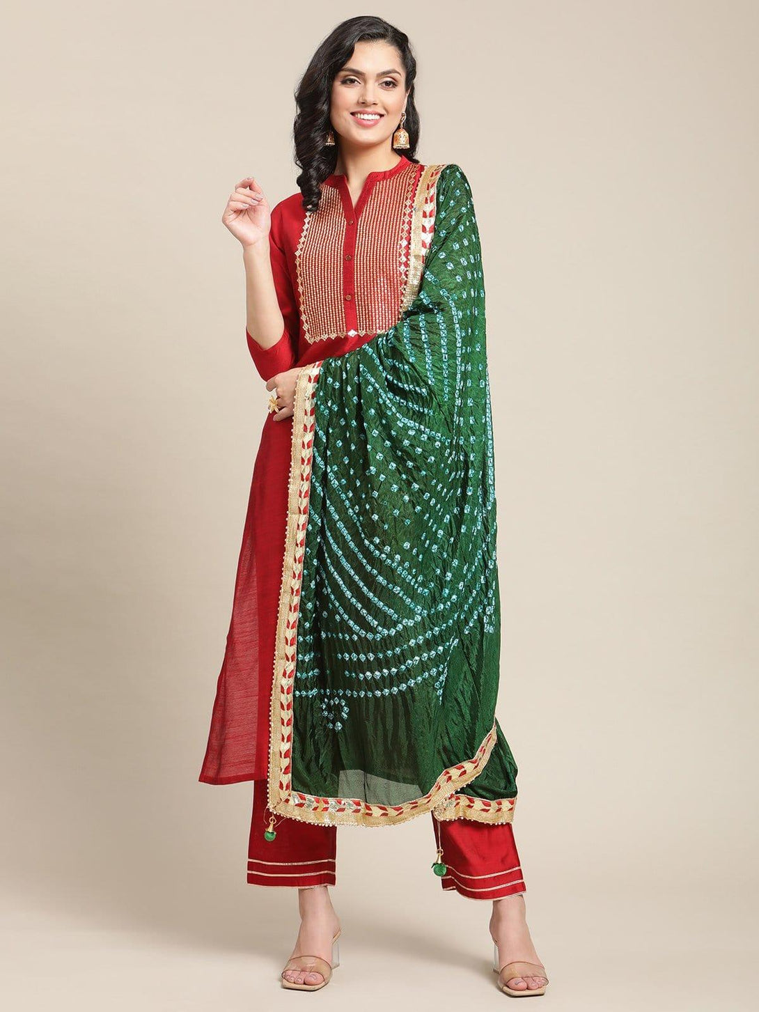 Maroon Silk Sequins Work Kurta Trouser Set With Green Silk Bandhej Dupatta - Indiakreations