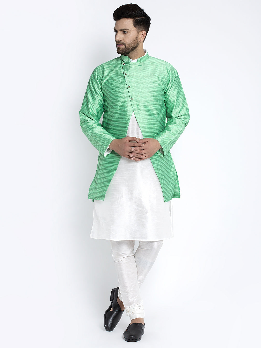 Men's White Kurta With Pyjama & Sea Green Self Design Jacket - Benstoke