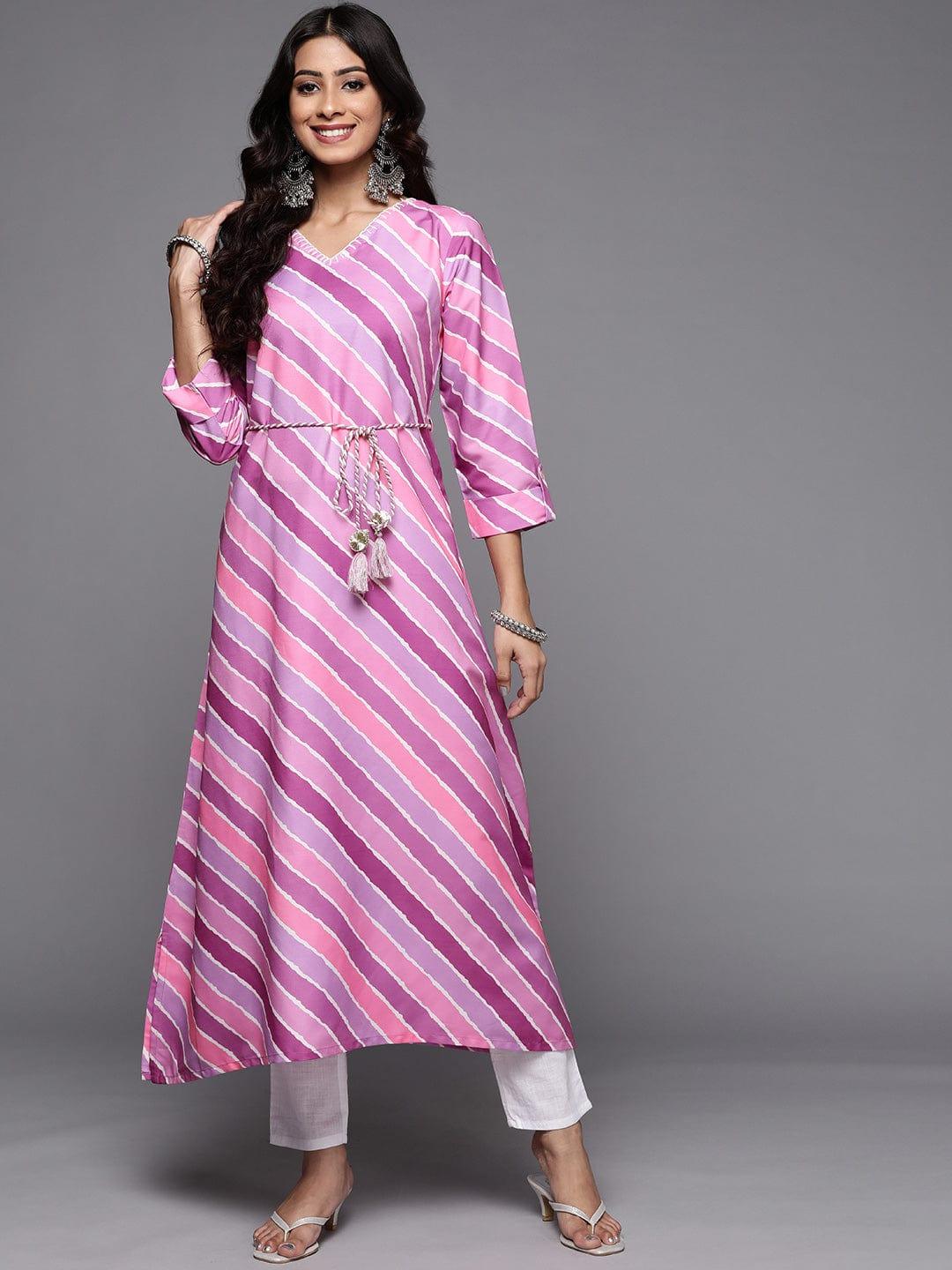 Varanga Women Pink & Purple Striped Thread Work Kurta - Indiakreations