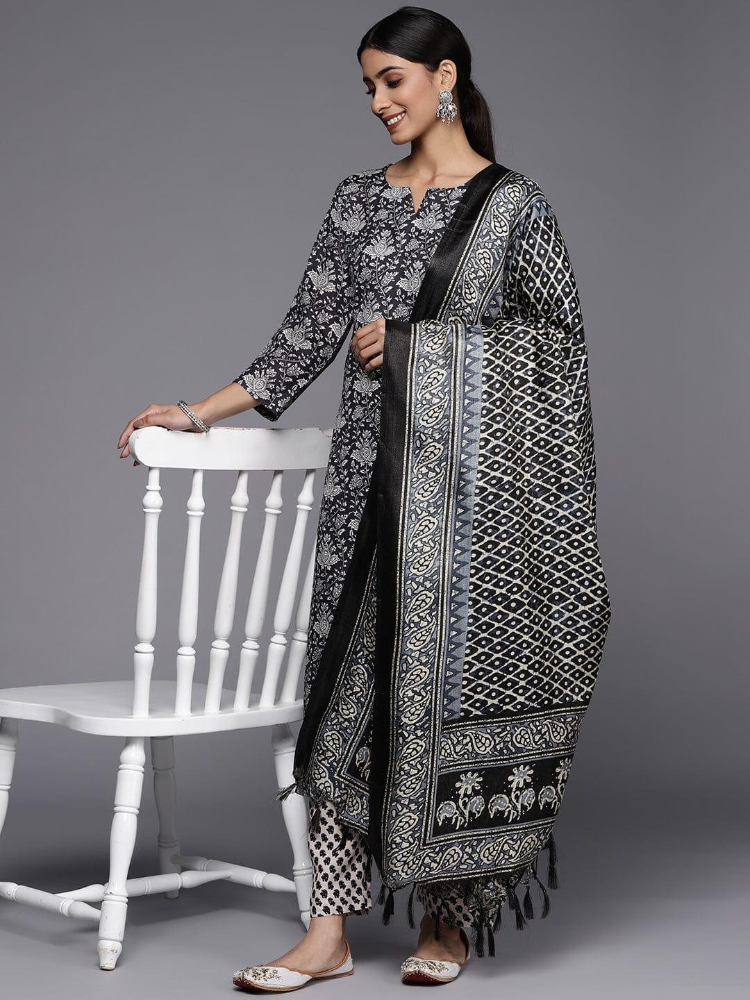 Varanga Winter Black and Offwhite digital printed kurta paired with printed palazzo and dupatta - Indiakreations