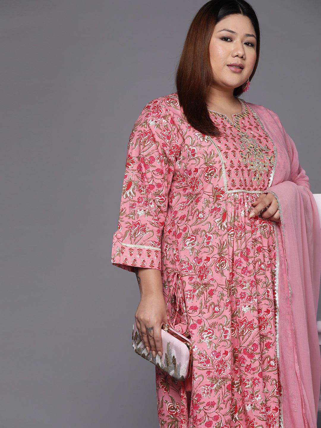 Varanga Women Plus Size Pink Floral Printed Gotta Patti Pure Cotton Kurta with Trousers & Dupatta - Indiakreations