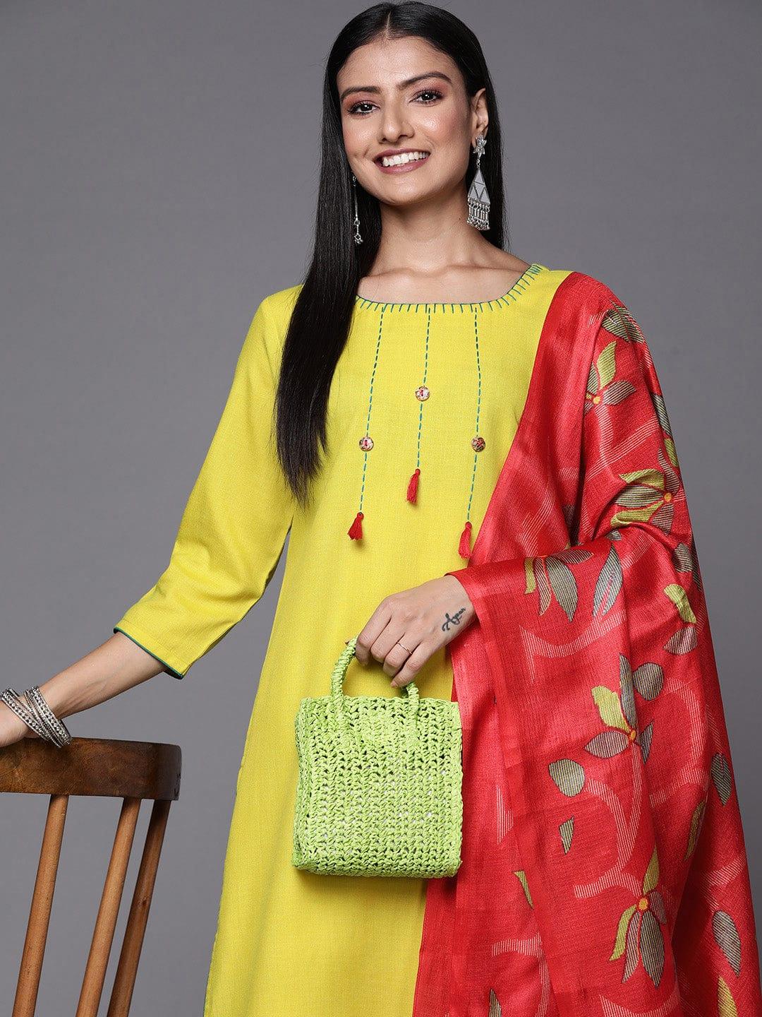 Varanga Women Lime Green Yoke Design Thread Work Kurta with Trousers & Dupatta - Indiakreations