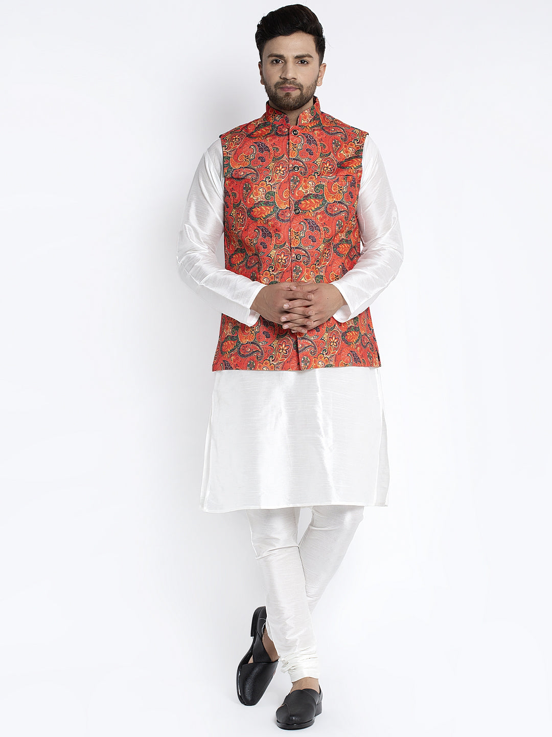 Men's Silk Blend White Kurta With Pyjama & Orange Printed Nehru Jacket - Benstoke