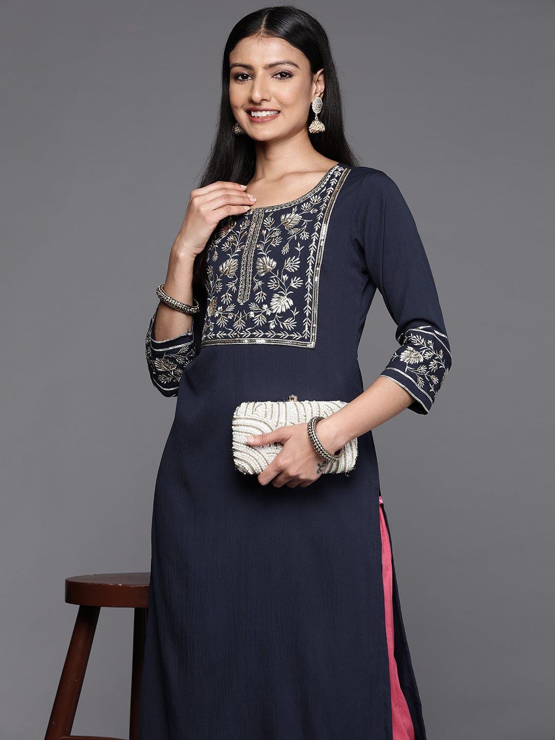 Varanga Women Navy Blue Ethnic Motifs Yoke Design Sequined Kurta - Indiakreations