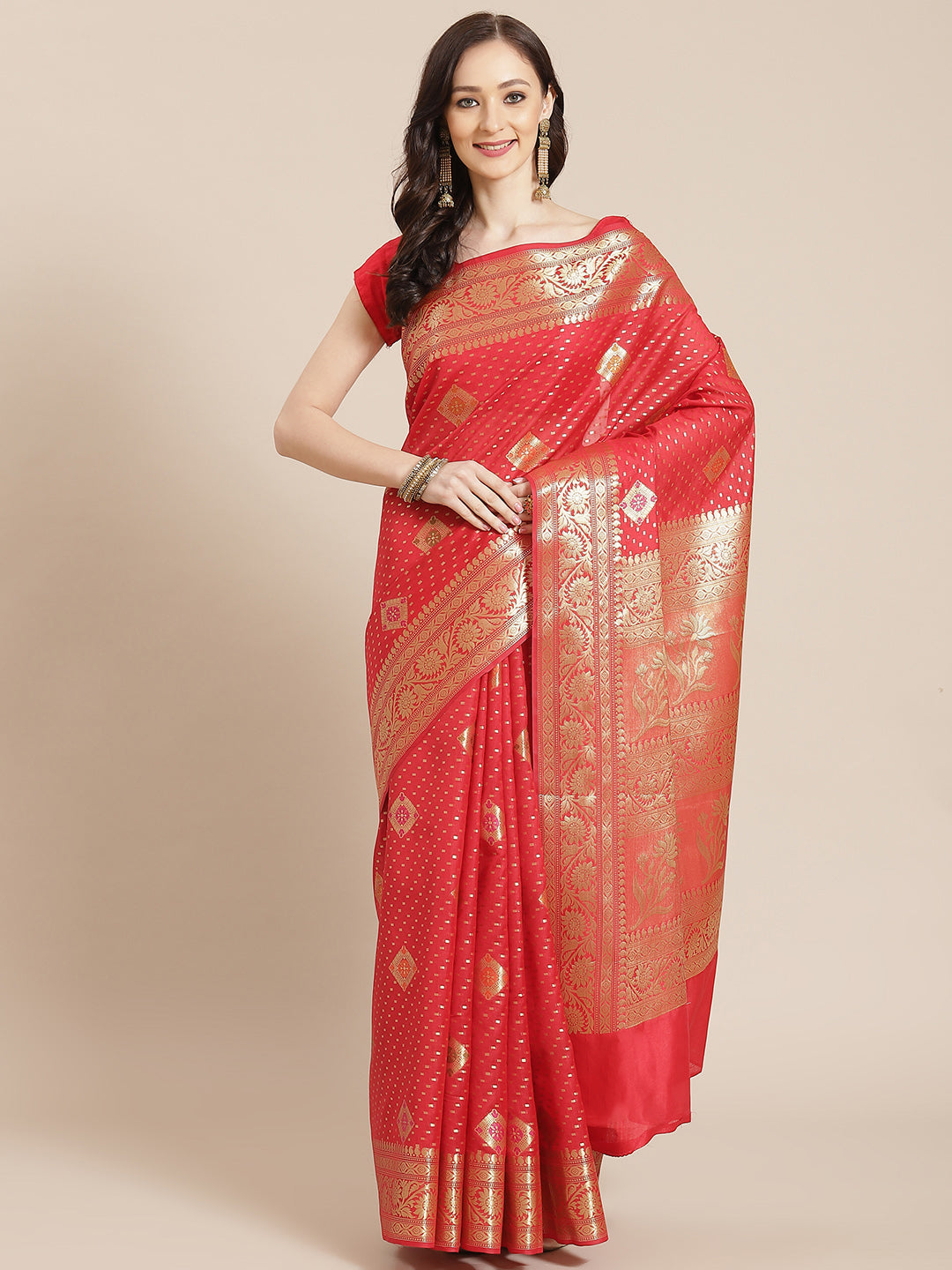 Women's Red Silk Jaamdani Cutwork Saree - Varanasi - Indiakreations