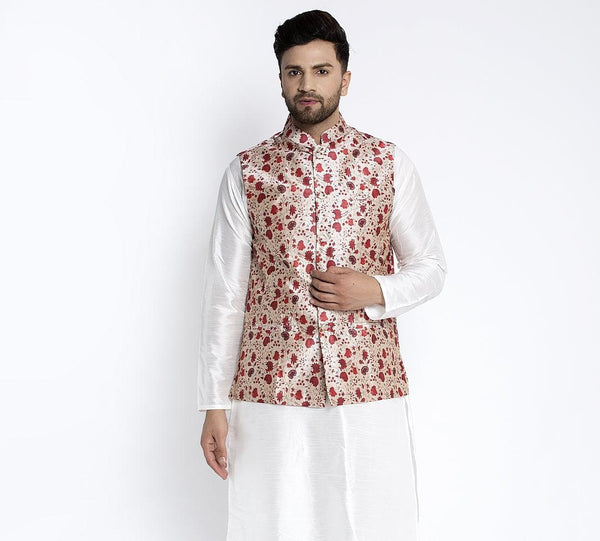 Men's Cream & Red Printed Nehru Jacket - Benstoke - Indiakreations