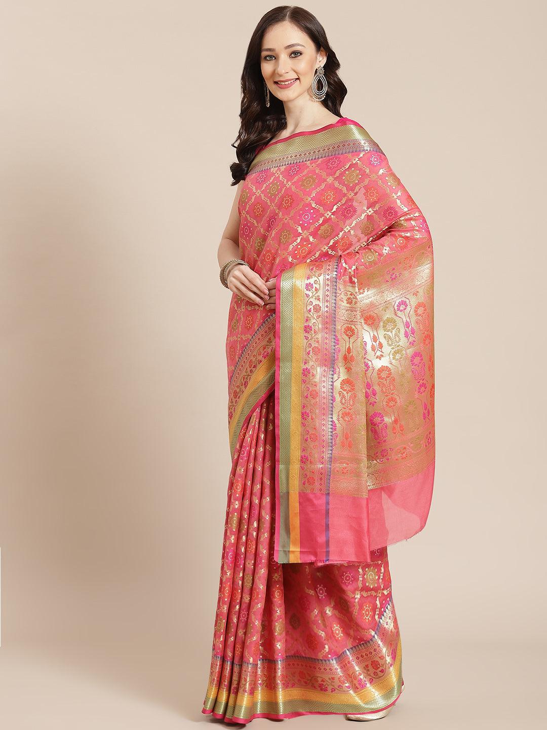 Women's Pink Silk Jaamdani Cutwork Saree - Varanasi - Indiakreations