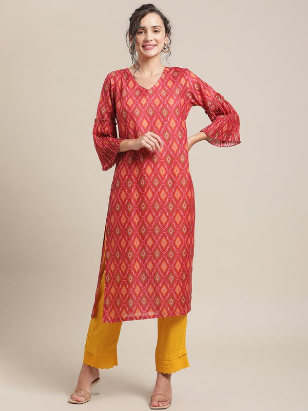 Red Ikat Printed Round Neck Kurta With 3/4Th Pleated Sleeve - Indiakreations