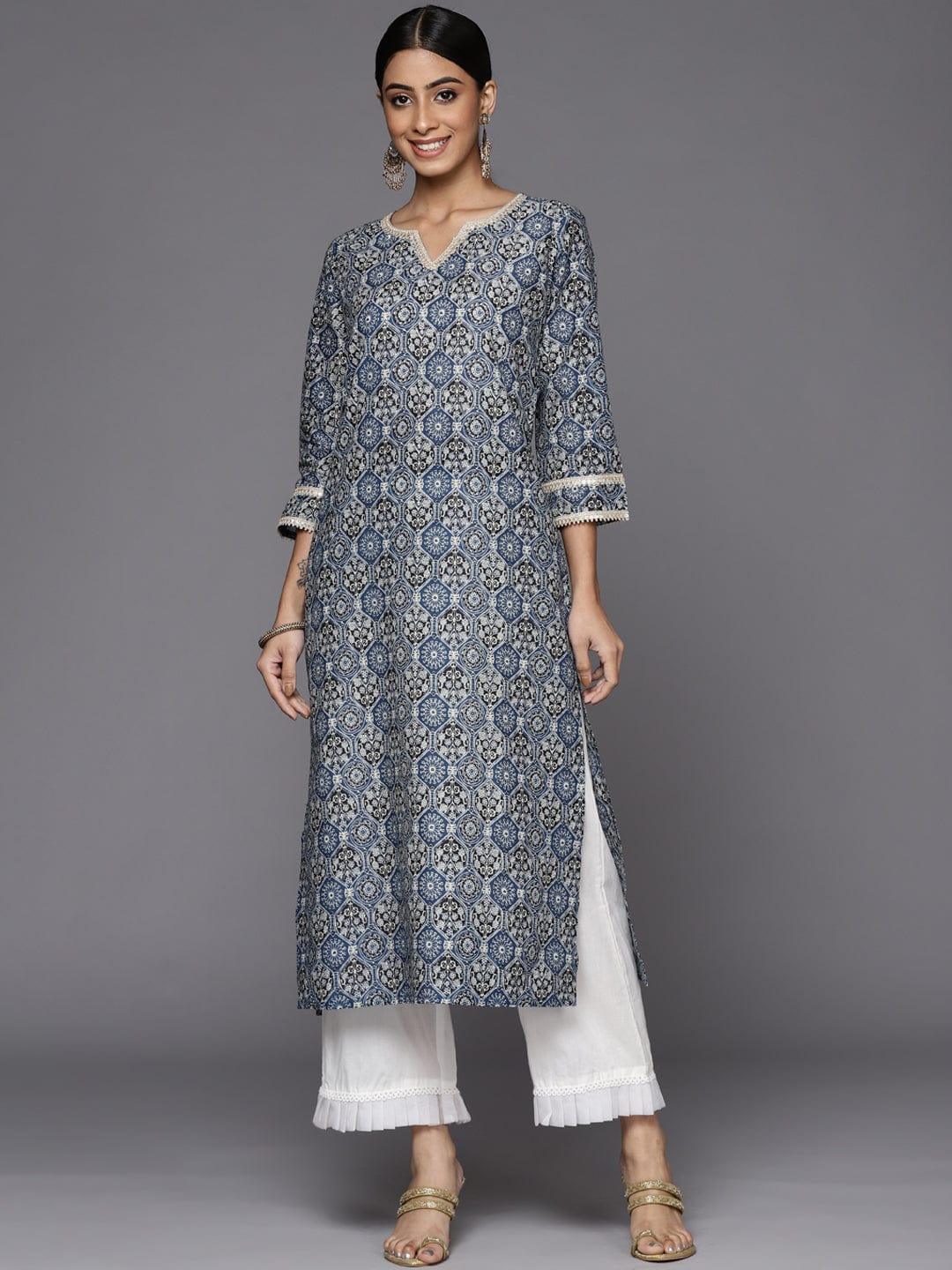 Varanga Winter Blue printed straight kurta with Lace Embellishment - Indiakreations