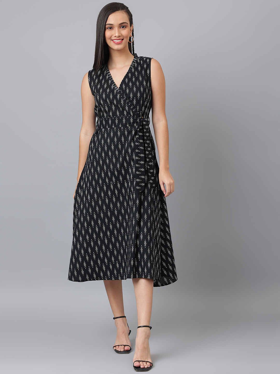 Women's Black Cotton Printed Aline Dress - Deckedup