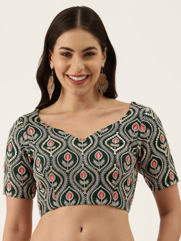 Women's Green Coding Work Pure Silk Blouse - Panchhi