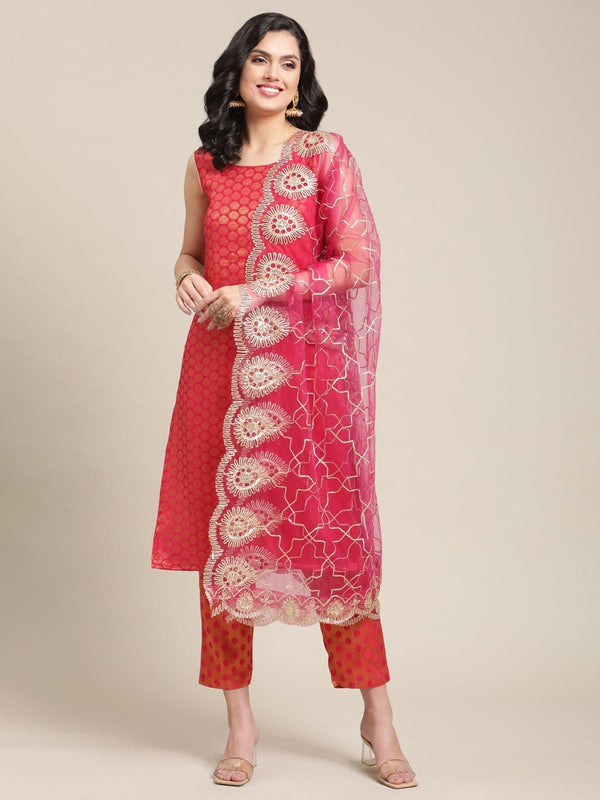 Pink Silk Jaquard Kurta Trouser Set With Heavy Gota Embellished Dupatta - Indiakreations