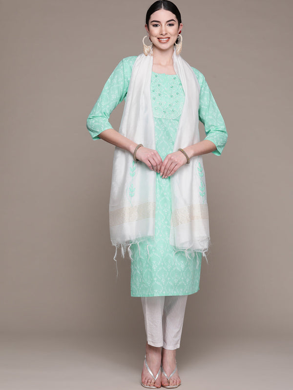 Women Mint Green Chikankari Kurta with Trousers & Dupatta by Anubhutee (3Pc Set)