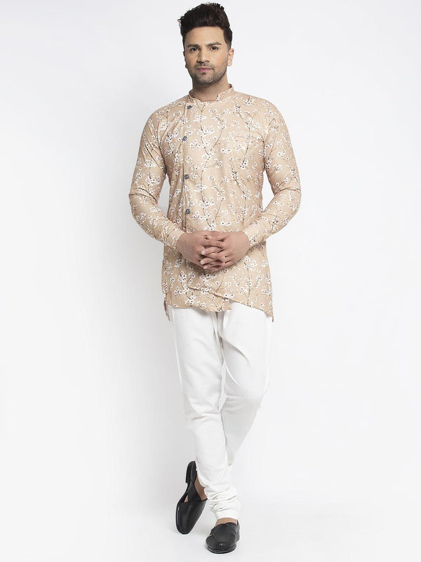 Men's Brown & White Printed Short Kurta With White Pyjama - Benstoke - Indiakreations