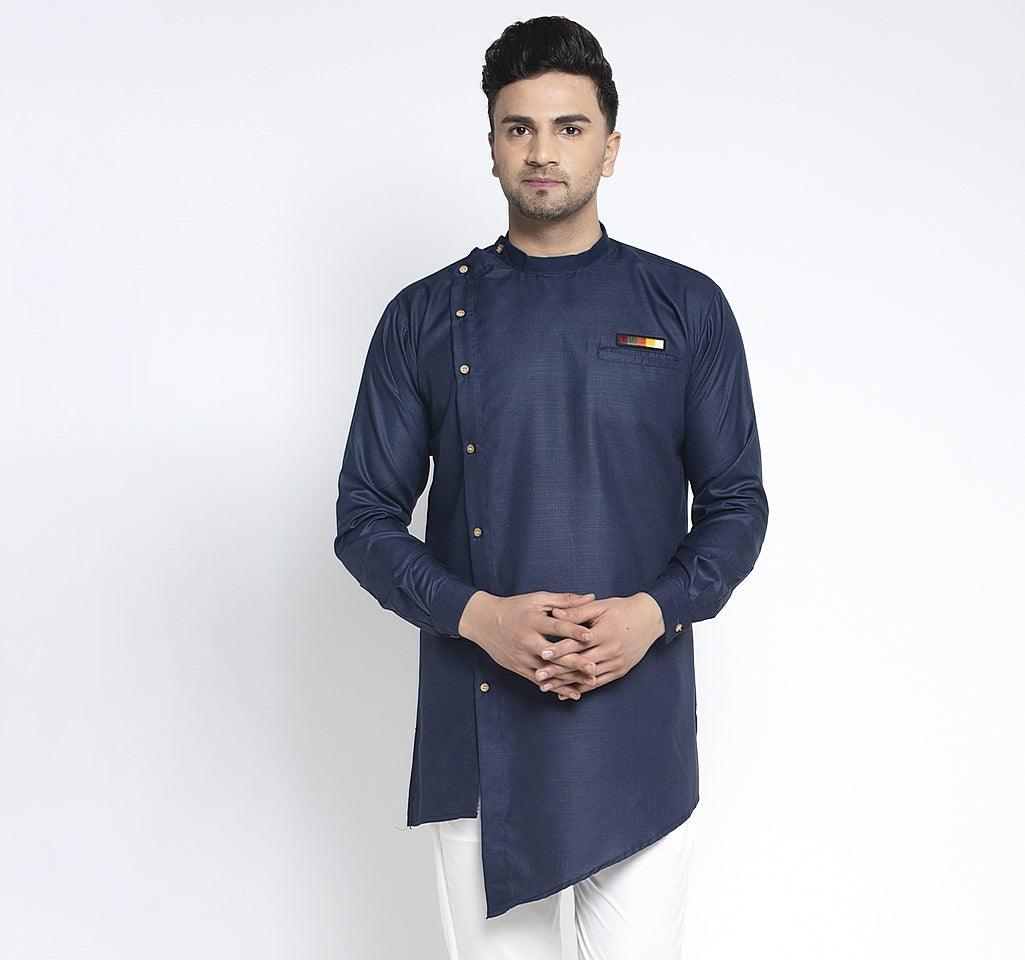 Men's Navy Blue Solid Short Kurta - Benstoke - Indiakreations