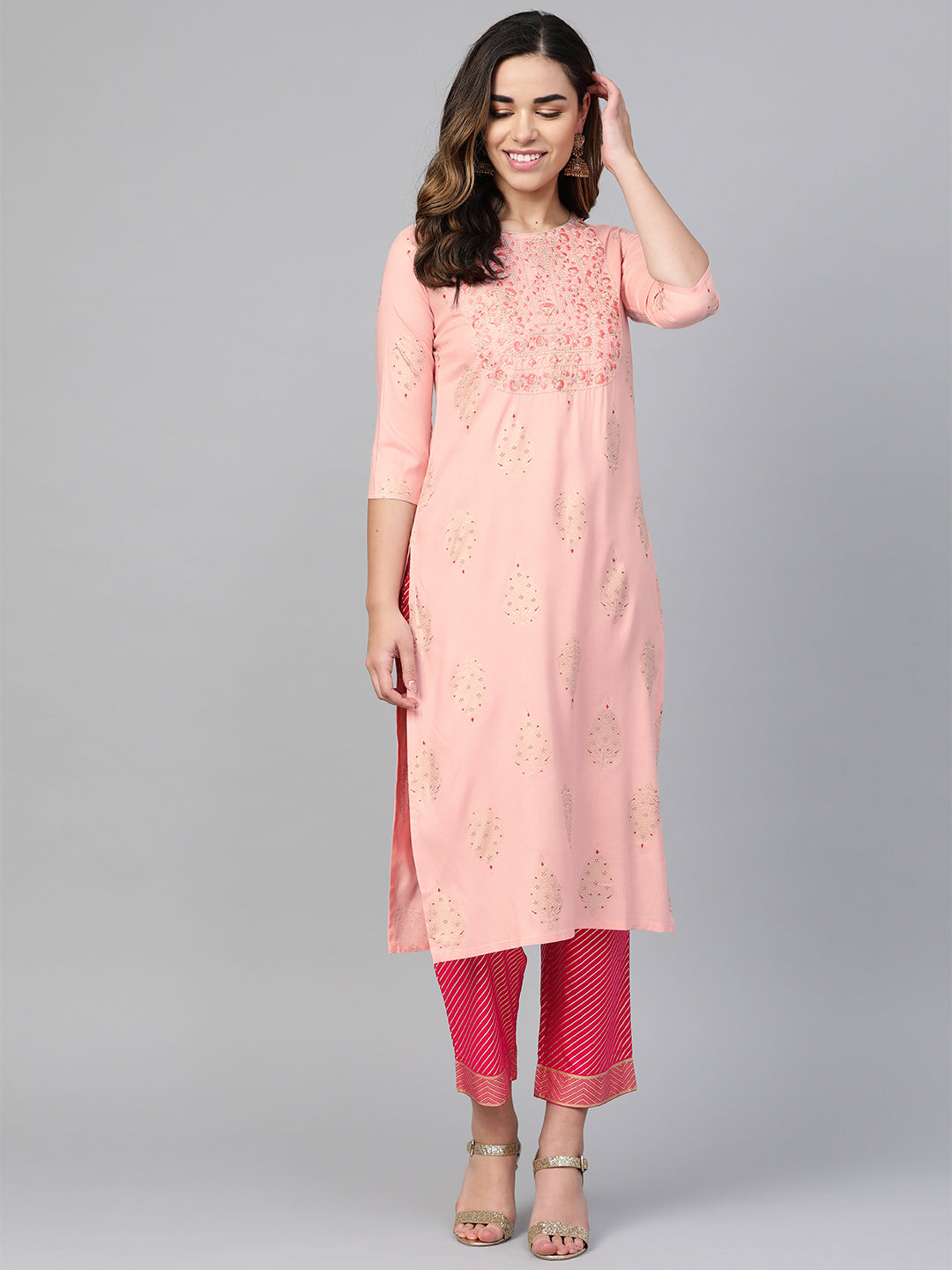 Women'S Peach-Coloured  Pink Printed Kurta With Trousers - Anubhutee